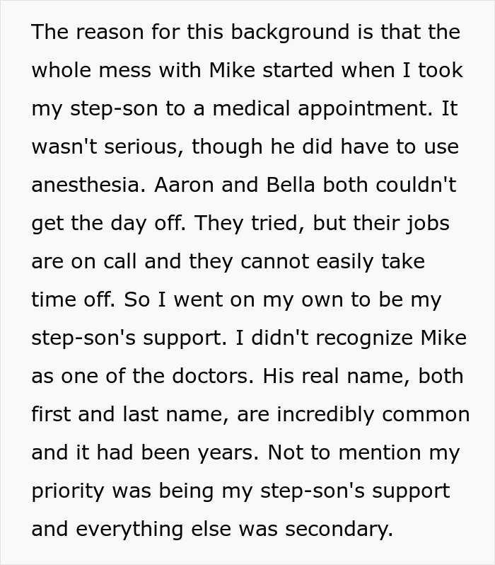 Text about a medical appointment, step-son's support, recognizing an old acquaintance.