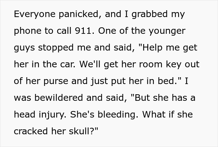 Text about a coworker's head injury, emergency response, and the decision to call an ambulance.