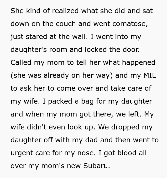 Text about infidelity accusations and postpartum depression impact, mentioning a husband, best friend, and family actions.