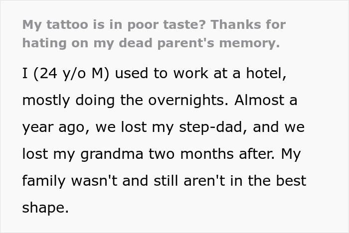 Text about family loss and unsolicited opinion on a tattoo, described as in poor taste and a comment on memory.