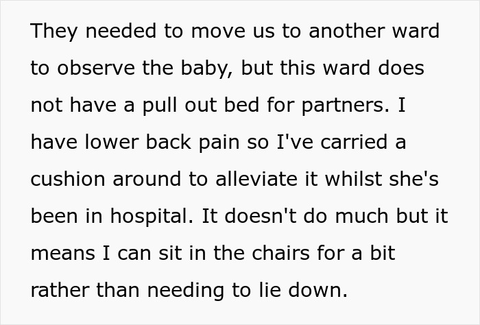 Text about the lack of a pull-out bed for partners in a hospital ward after wife's C-section.