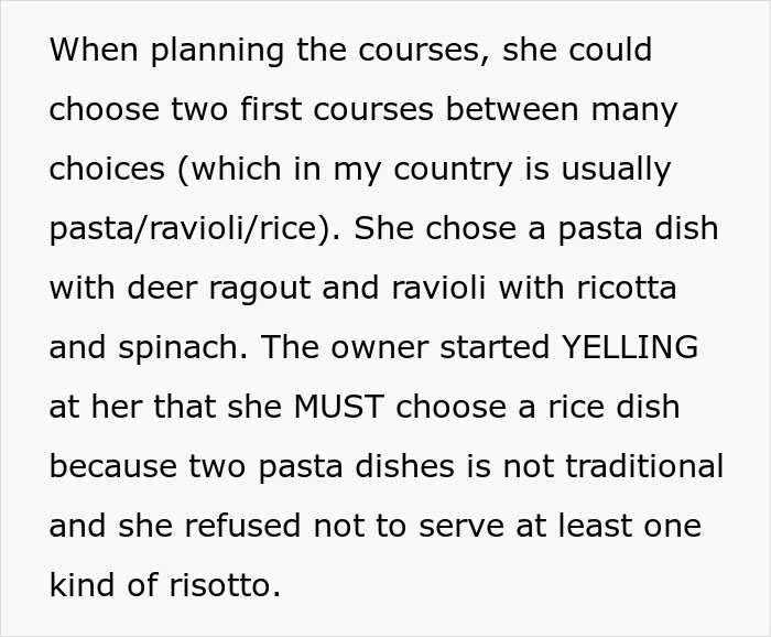 Text from an argument between wedding caterer and bride over menu choices, discussing pasta and rice dishes.