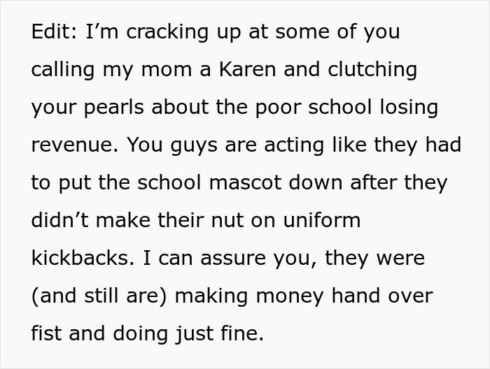 Text discussing a mom exploiting a school dress code loophole, humorously responding to criticism.