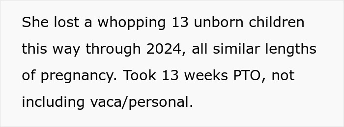 Text discussing bereavement, employee leave, and miscarriage of 13 fetuses over several pregnancies through 2024.