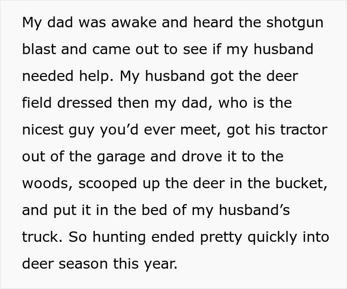 Text discussing a deer hunt on private land with assistance from family and use of a tractor.