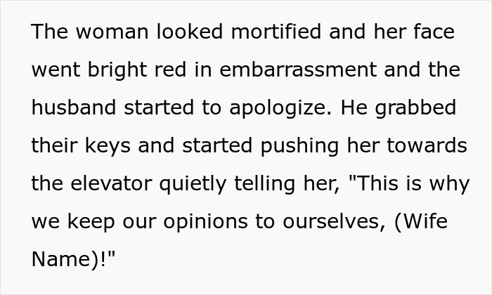 Text describing a woman's unsolicited opinion, leading to embarrassment and an apology.