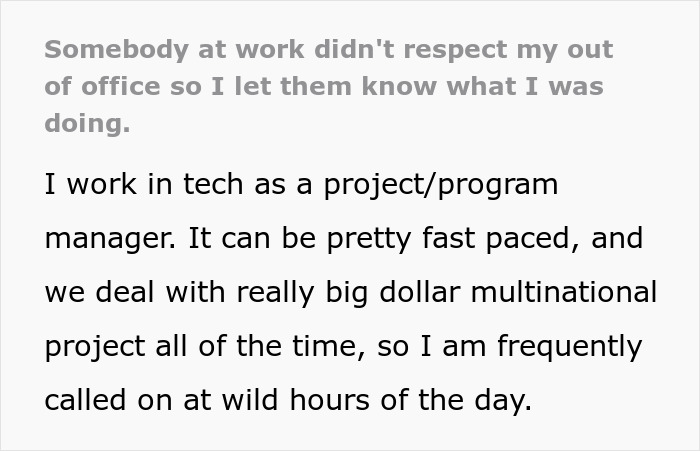 Text screenshot discussing an incident where a tech manager addresses an entitled coworker disrupting out of office hours.