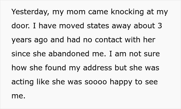 Text describes an unexpected visit from a toxic mom demanding inheritance.