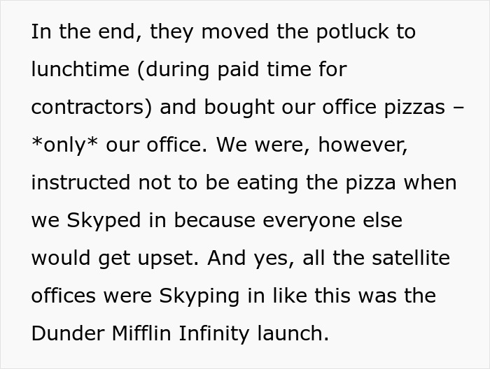 Text discussing a disappointing company potluck, mentions pizza for one office and Skyping with others.