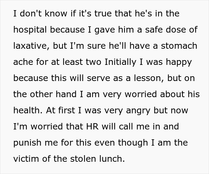 Text discusses adding laxative to food, causing health concerns and worry about HR consequences.