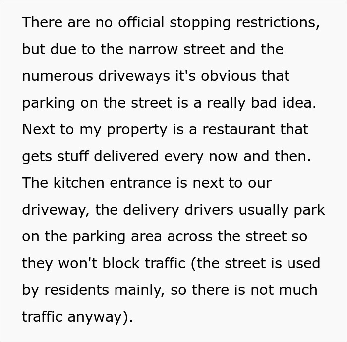 Text discussing narrow street, driveways, and parking issues near a restaurant. Relevant to black-driveway-van-revenge.