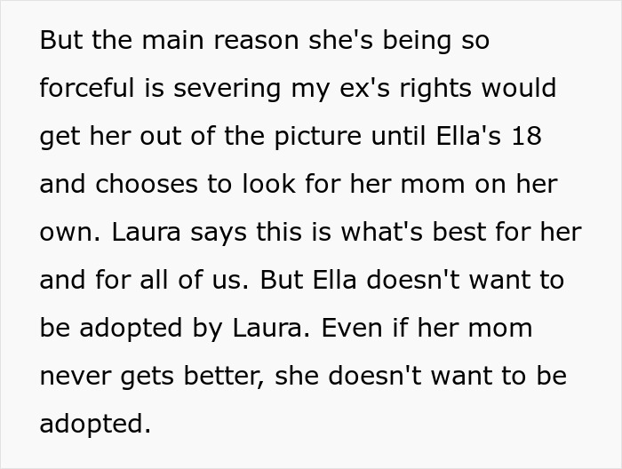 Text discussing daughter's reluctance against adoption, mentions concerns over parental rights and family's best interests.