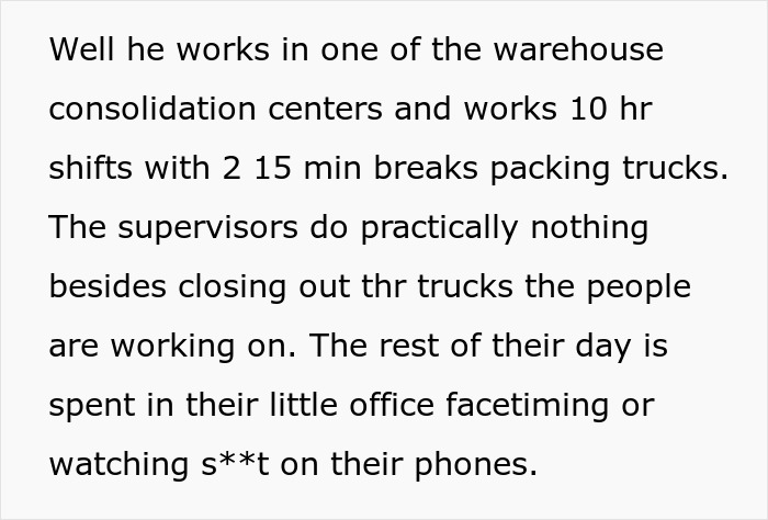 Text describing a worker's experience of ten-hour shifts, alongside minimal supervisor activity.