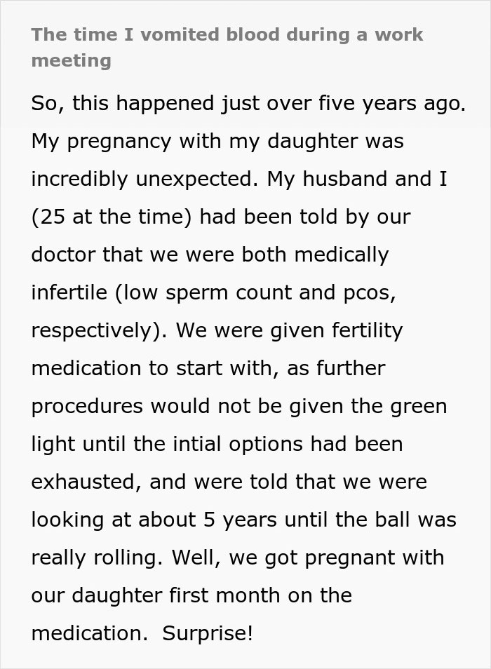 Text detailing a surprising pregnancy and medical advice, emphasizing unexpected outcomes during a life event.