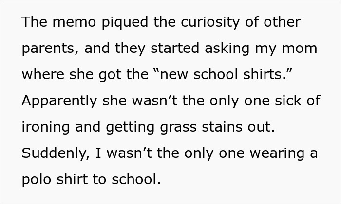 Text detailing a mom influencing others through a school dress code loophole, leading to more kids wearing polo shirts.