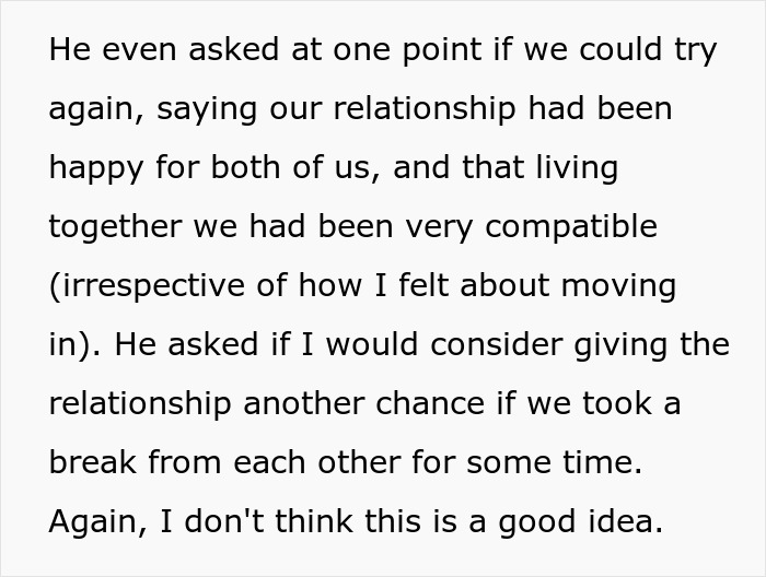 Text about relationship and reconsidering a reunion, relevant to engagement and proposal themes.