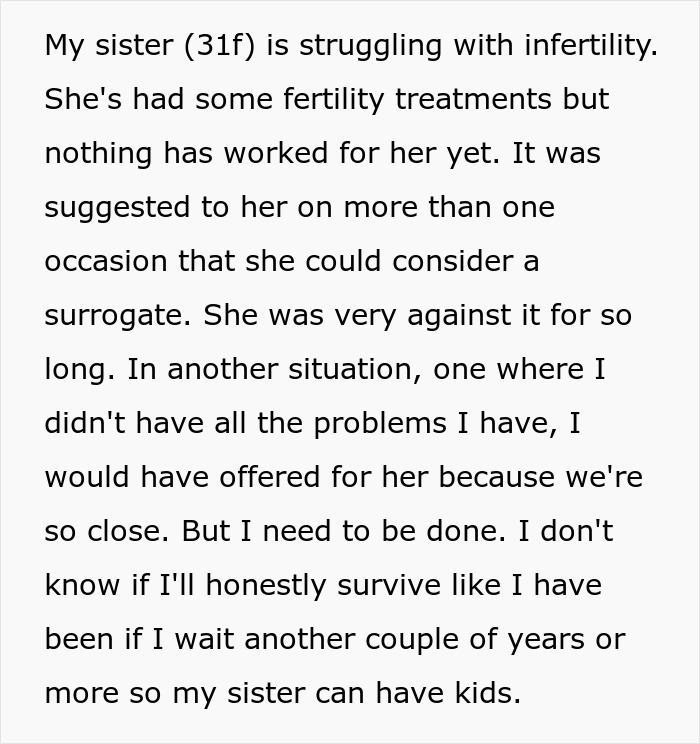 Text about a woman considering a hysterectomy while facing pressure to become a surrogate.