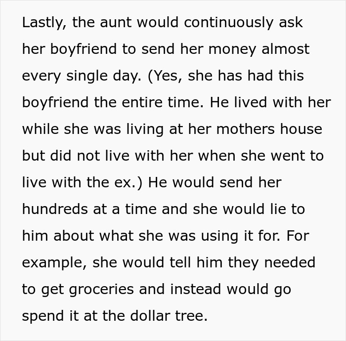 Text detailing a woman's plan to sue her husband's family over unpaid bills.