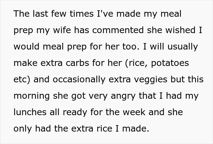 Text describing conflict over meal prep between vegetarian wife and husband.