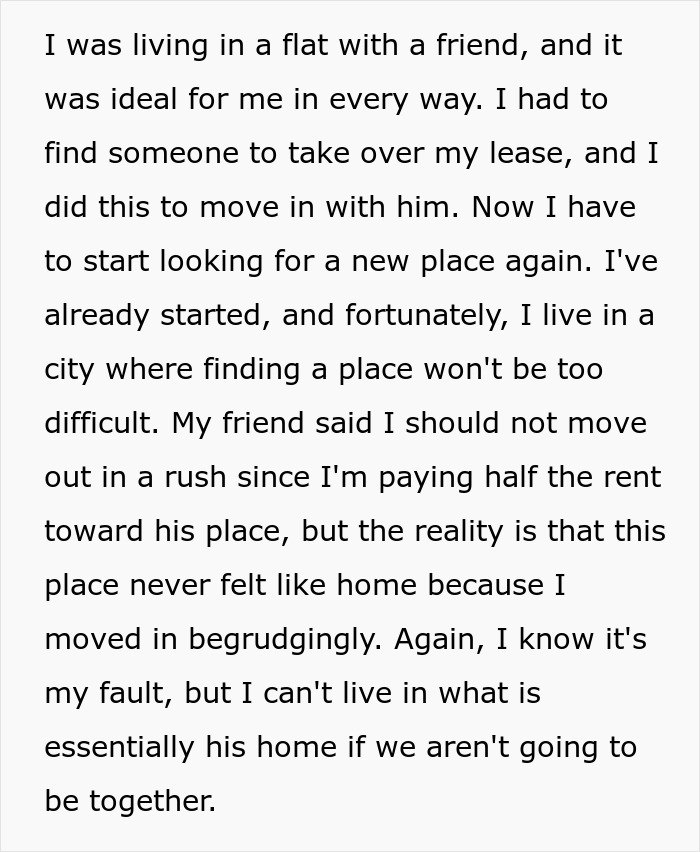 Text about moving in with a partner and dealing with rent, searching for a new place.