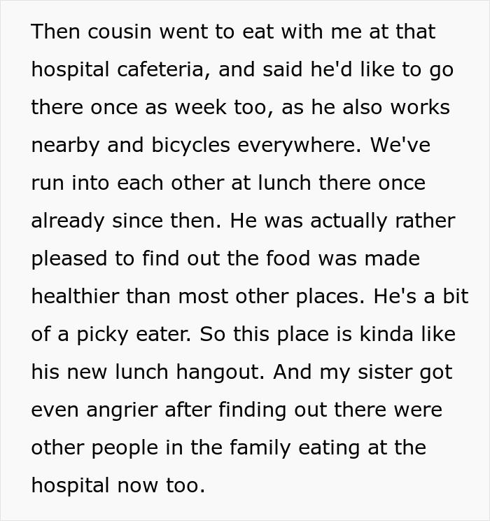 Text about a cousin enjoying hospital cafeteria lunches, causing family disagreements.