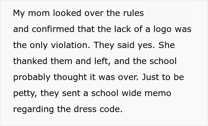 Text from a story about a mom exploiting a school dress code loophole, leading to a memo being issued.