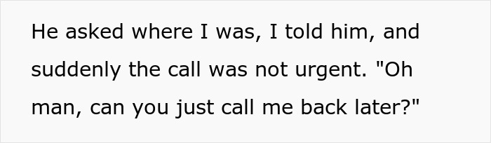 Text conversation about a call becoming non-urgent after revealing location, discussing coworker's entitlement.