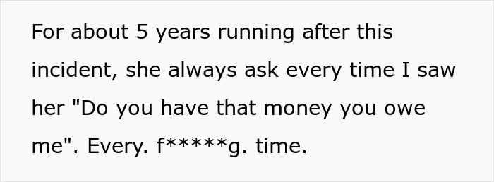 Text about repeated questioning regarding owed money.