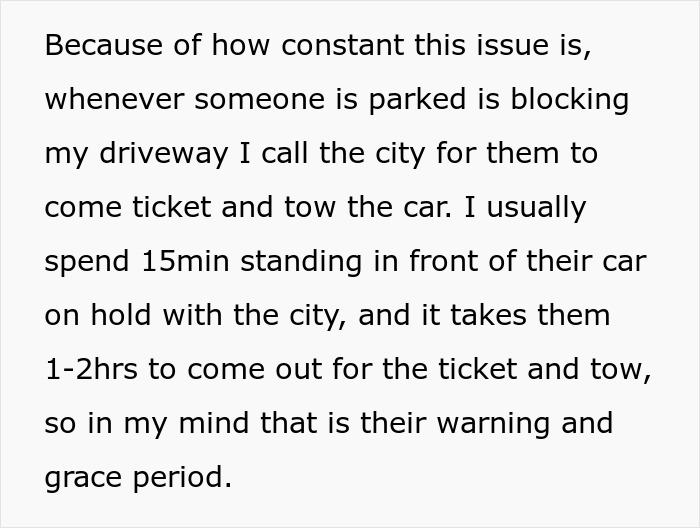 Text describing a frequent car-driveway-block issue leading to calls for city towing.