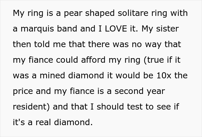 Text about a pear-shaped ring and sister's skepticism on its authenticity.