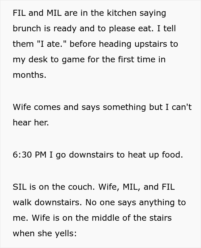 Text message about in-laws brunch and dinner exclusion, highlighting family dynamics and communication issues.