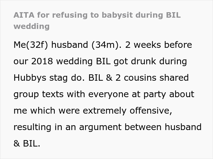 Text discussing family pressures on a woman to babysit during a wedding, leading to conflict over offensive messages.