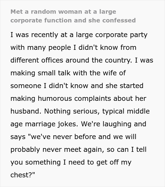 Text describing a stranger at a corporate party, sharing a wife’s confession about a secret affair.