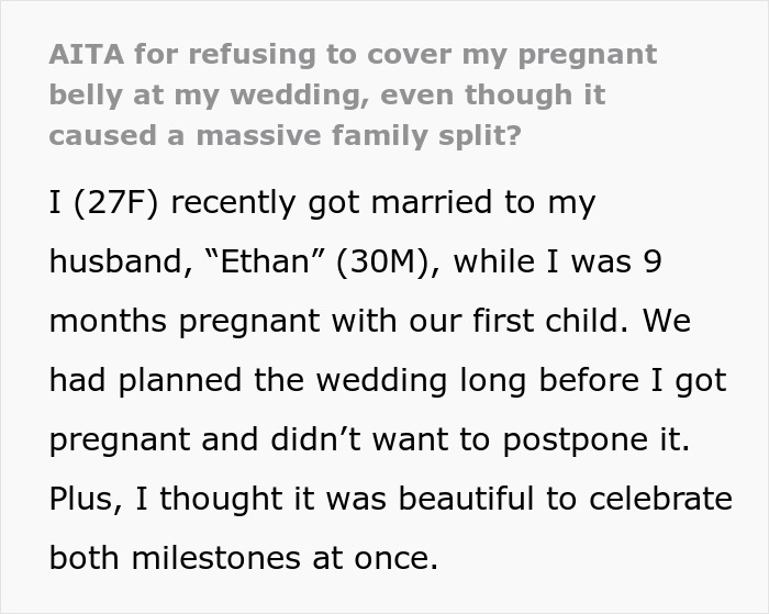 Text of a woman discussing her decision not to hide pregnancy at her wedding despite family tension.