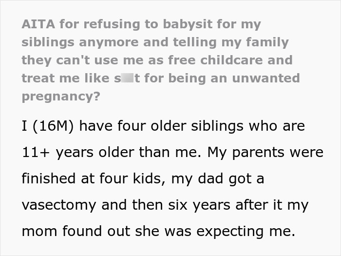 Teen refuses babysitting duties; stands up against family's childcare expectations, asserting independence.