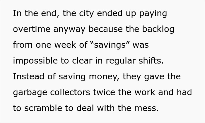 Text describing the chaos caused by greedy managers not paying garbage collectors overtime.