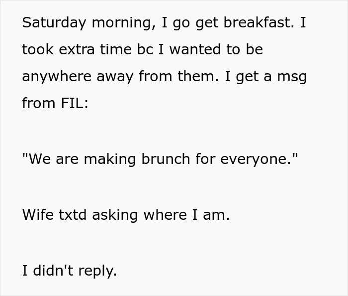 Text message captures in-laws brunch exclusion scenario with a father's message and no response.