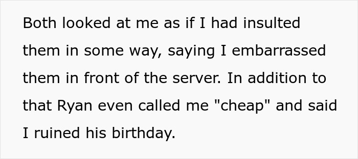 Text description highlighting a conflict at a birthday dinner, focusing on payment disagreement.