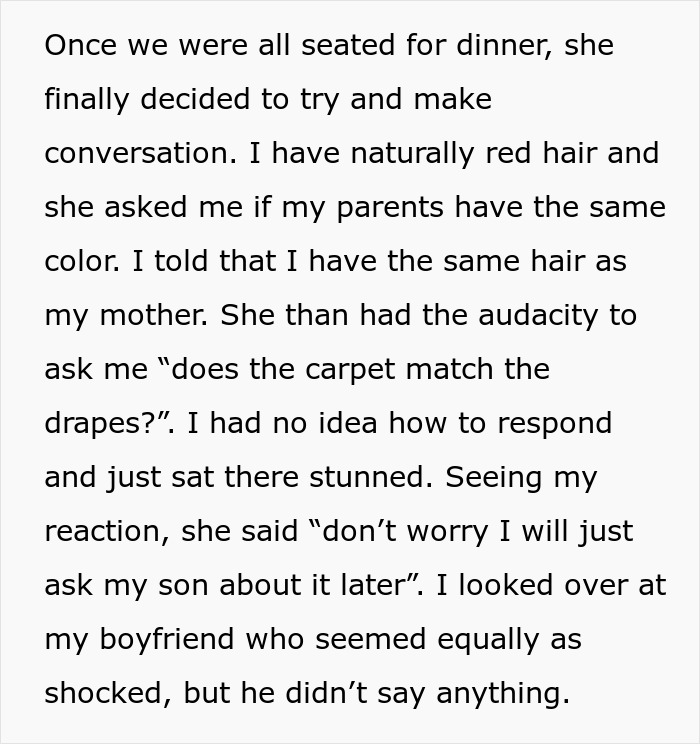 Text snippet discussing a dinner conversation, including a reference to mother's hair color.