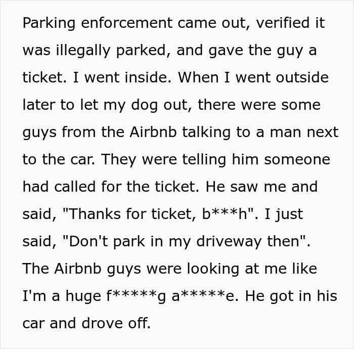 Text story about car blocking driveway, involving parking enforcement and a confrontation.