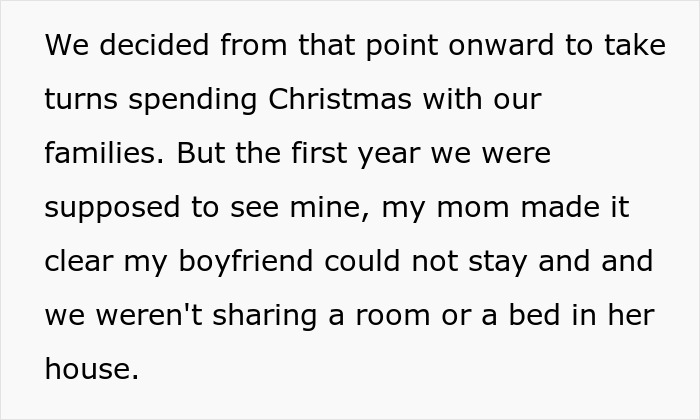 Text block discussing visiting family and a mother enforcing separate sleeping arrangements for her daughter's boyfriend.