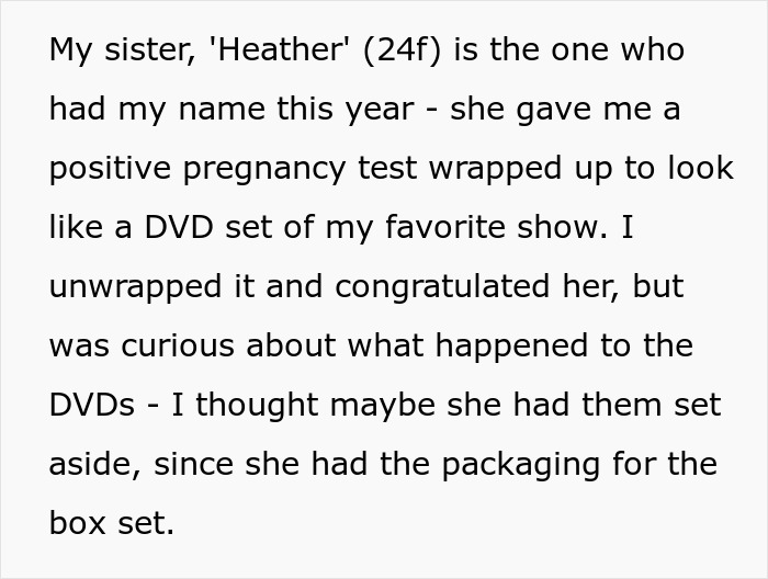 Text excerpt about a sister giving a pregnancy test as a Christmas gift and the brother\'s confusion.