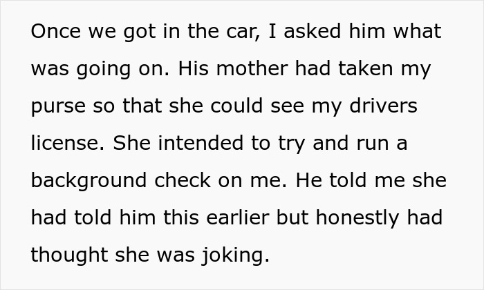 Text about a mother checking a driver's license, mentioning background check, related to family context.