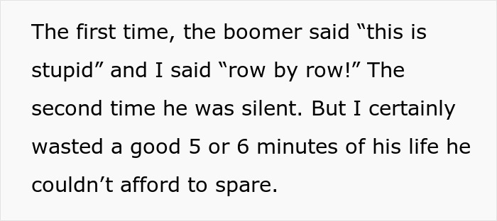 Text discussing a stubborn boomer's insistence on deplaning row by row.