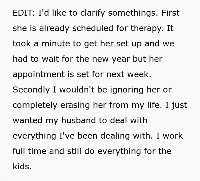 Text about husband handling daughter responsibilities, mentioning therapy and work-life balance challenges.