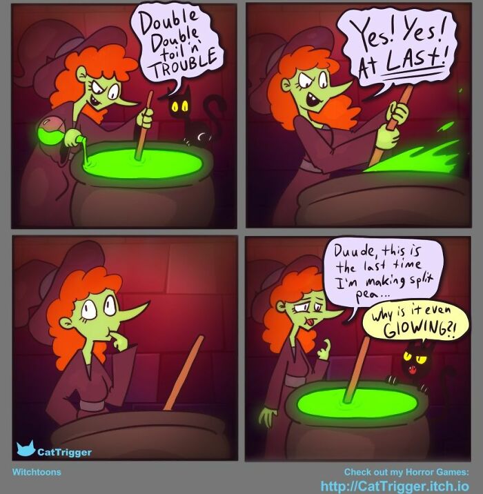 Comic by Cat Trigger featuring a witch brewing a glowing potion, humorously questioning why her split pea soup glows.