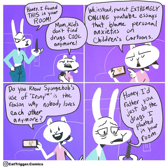 Comic by Cat Trigger featuring bunnies discussing modern anxieties and children's cartoons with a hilariously twisted ending.