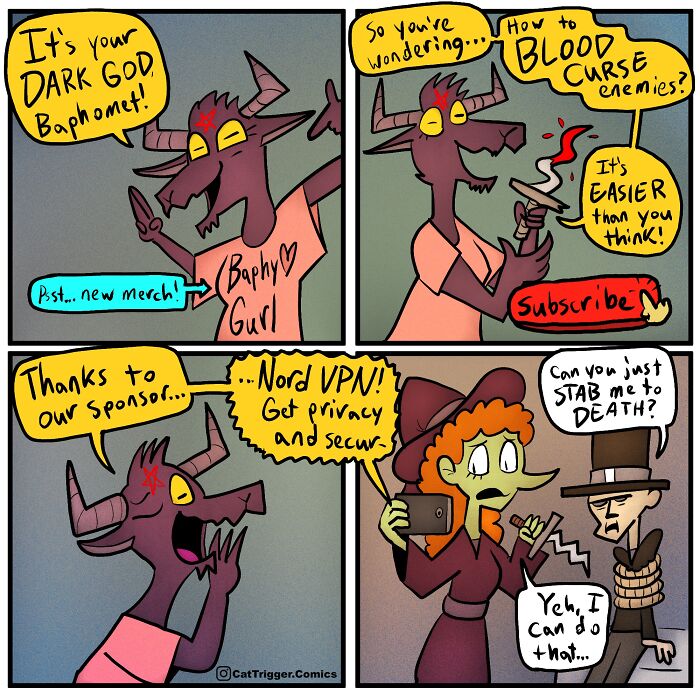 Comic by "Cat Trigger" featuring a humorous scene with Baphomet promoting merchandise and VPN sponsorship.