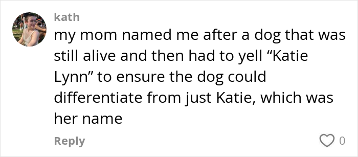 Comment about being named after a dog, featuring a humorous story about name confusion.