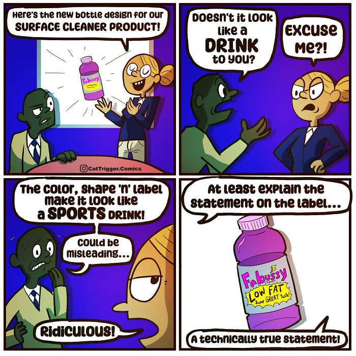 Twisted comic strip by Cat Trigger with surface cleaner mistaken for sports drink.